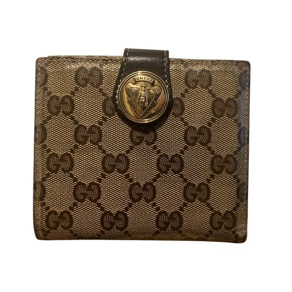 Gucci Other - Gucci Brown and Gold Vintage Coated Canvas and Leather Mens Wallet with Crest